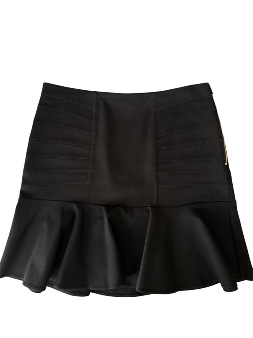 Ann Taylor Black Flounce Hem Skirt Side Zip Career Mini Stretch Size 10